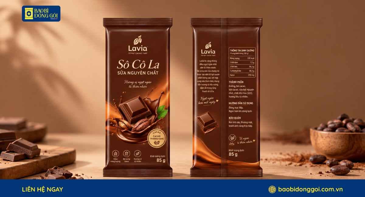 Mẫu bao bì socola dạng thanh túi hàn lưng giữa 2 lớp