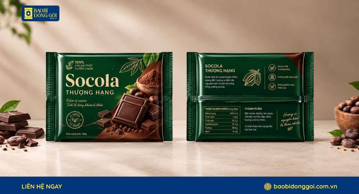 Mẫu bao bì socola túi hàn lưng giữa ghép 3 lớp in trục 5 màu