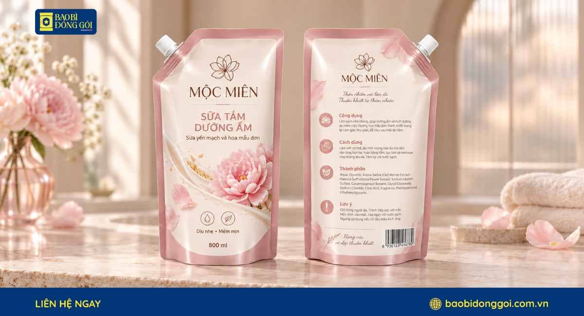 Mẫu bao bì sữa tắm dưỡng ẩm túi refill có vòi