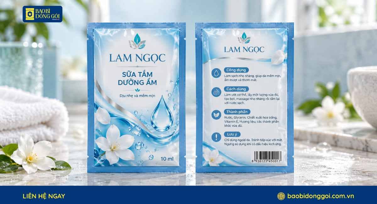 Mẫu bao bì sữa tắm in theo yêu cầu 2 mặt trước sau gói nhỏ tiện lợi