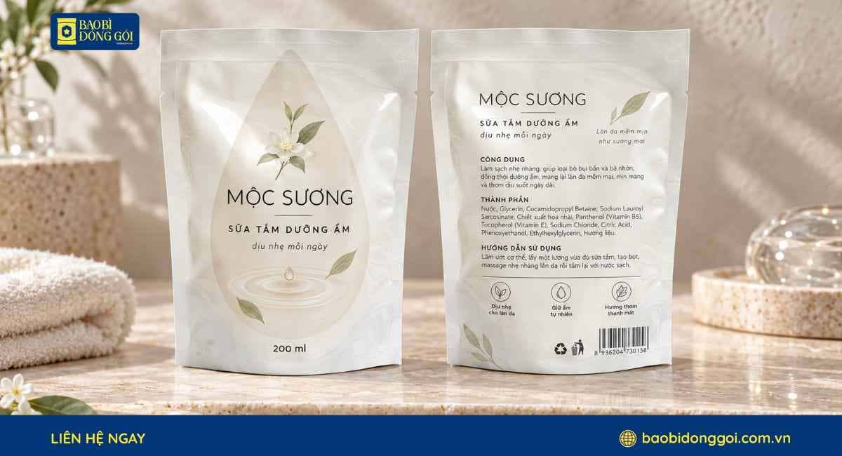 Mẫu bao bì sữa tắm túi refill đáy đứng in rõ nét thương hiệu