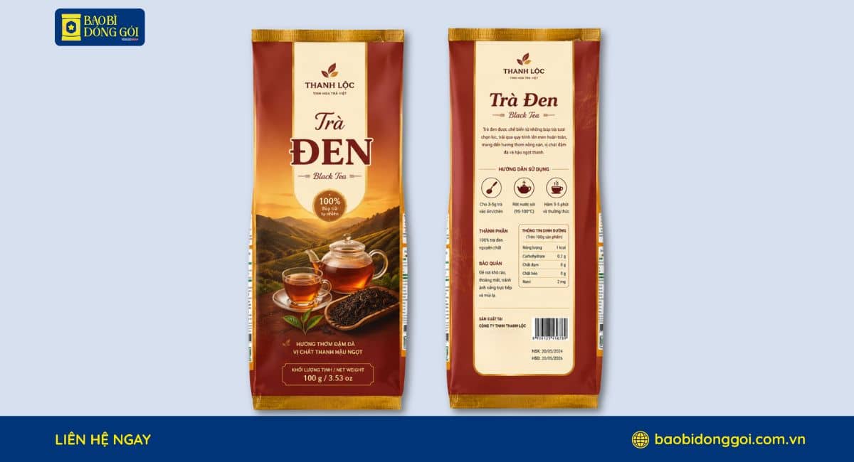 Bao bì trà đen mẫu in đơn giản
