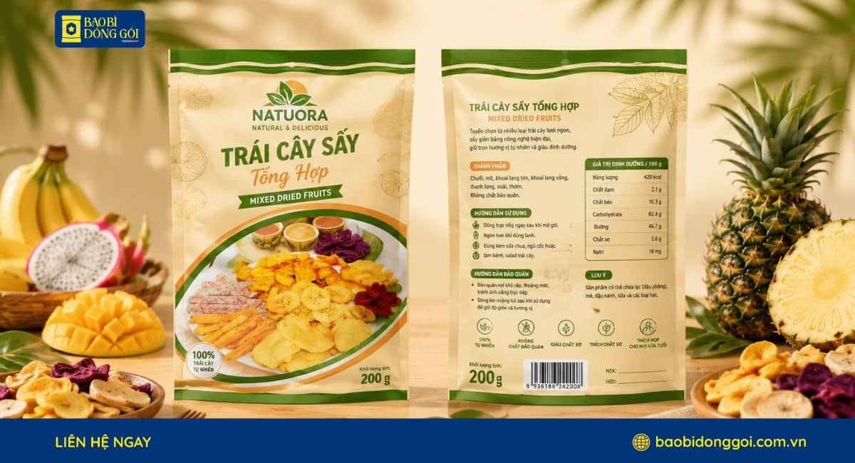 Mẫu bao bì trái cây sấy in trục đồng 4 màu thiết kế rõ ràng