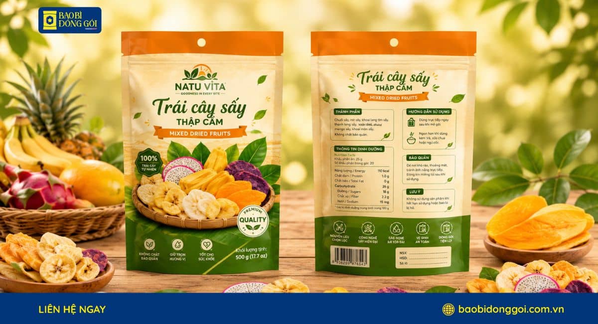 Mẫu bao bì trái cấy sấy in rõ nét sản phẩm kinh doanh