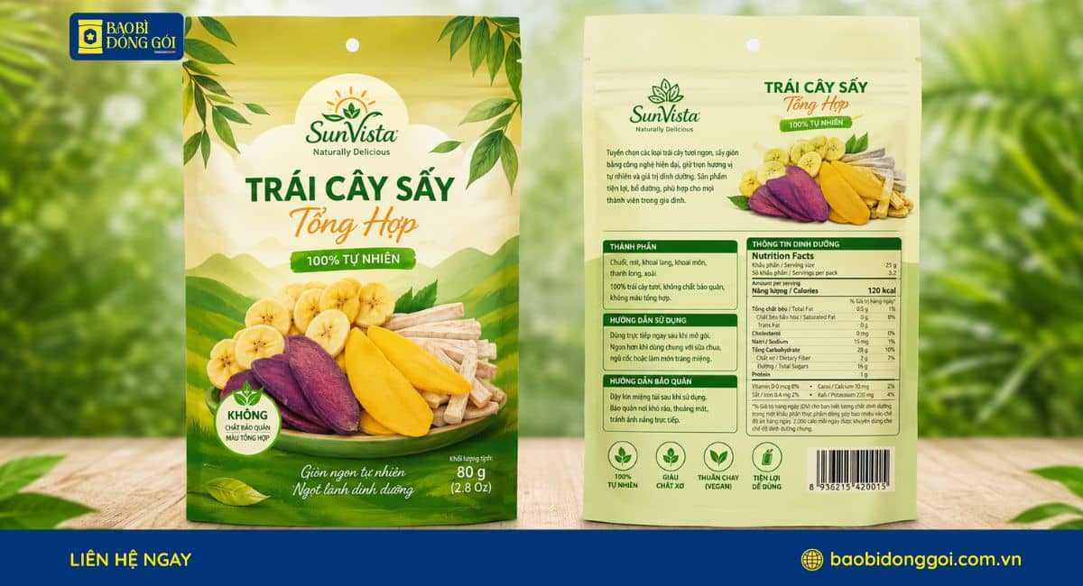 Mẫu bao bì trái cây sấy in logo thương hiệu theo yêu cầu