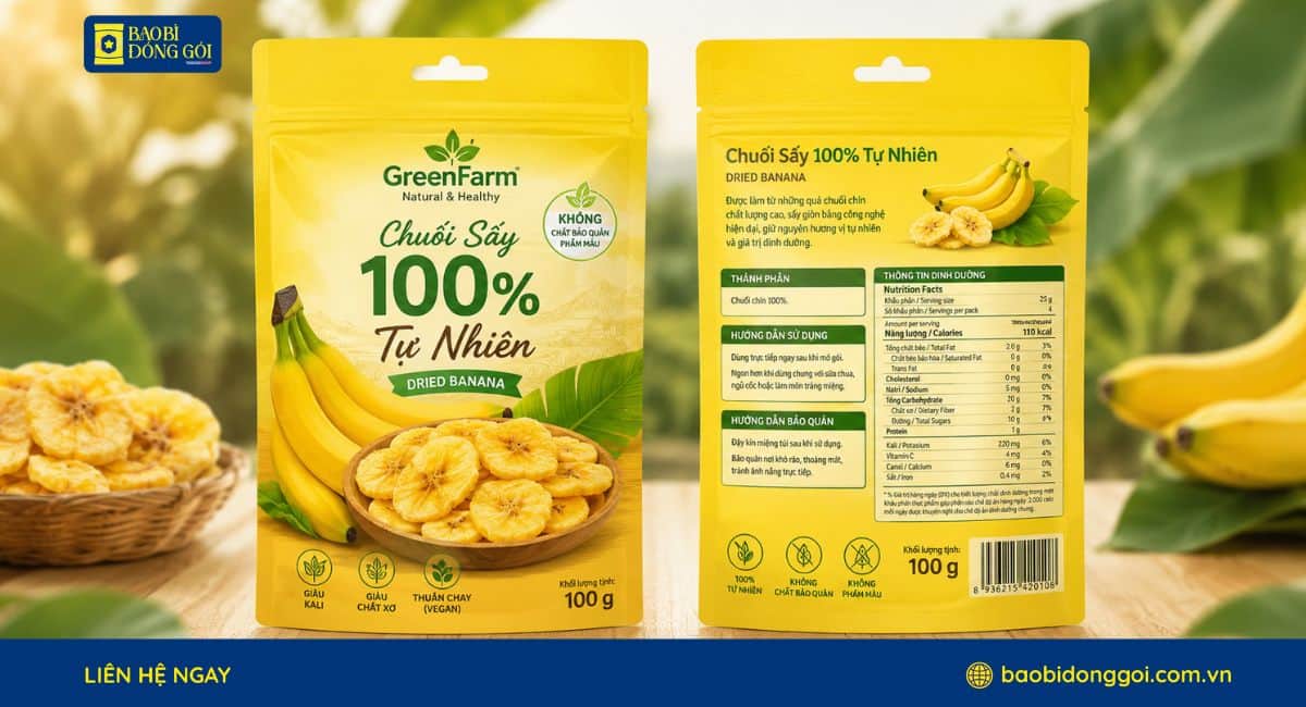 Mẫu bao bì túi zipper chuối sấy đục lỗ treo cho túi nhỏ 100g