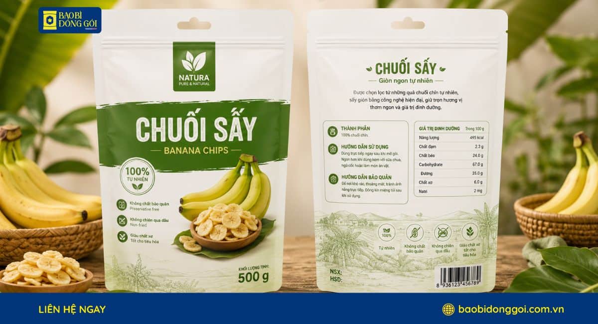 Mẫu bao bì chuối sấy được in 3 màu hình ảnh rõ nét túi lớn 500g