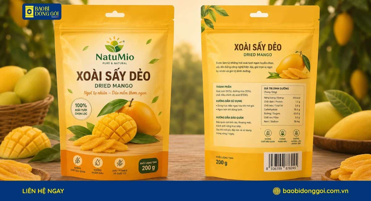 Mẫu bao bì xoài sấy dẻo 200g túi zipper đáy đứng in theo yêu cầu