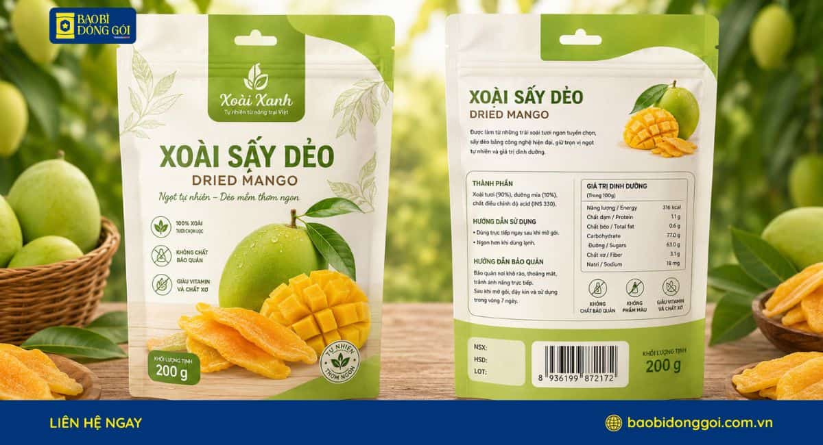 Mẫu bao bì xoài sấy dẻo in trục đồng 4 màu theo yêu cầu