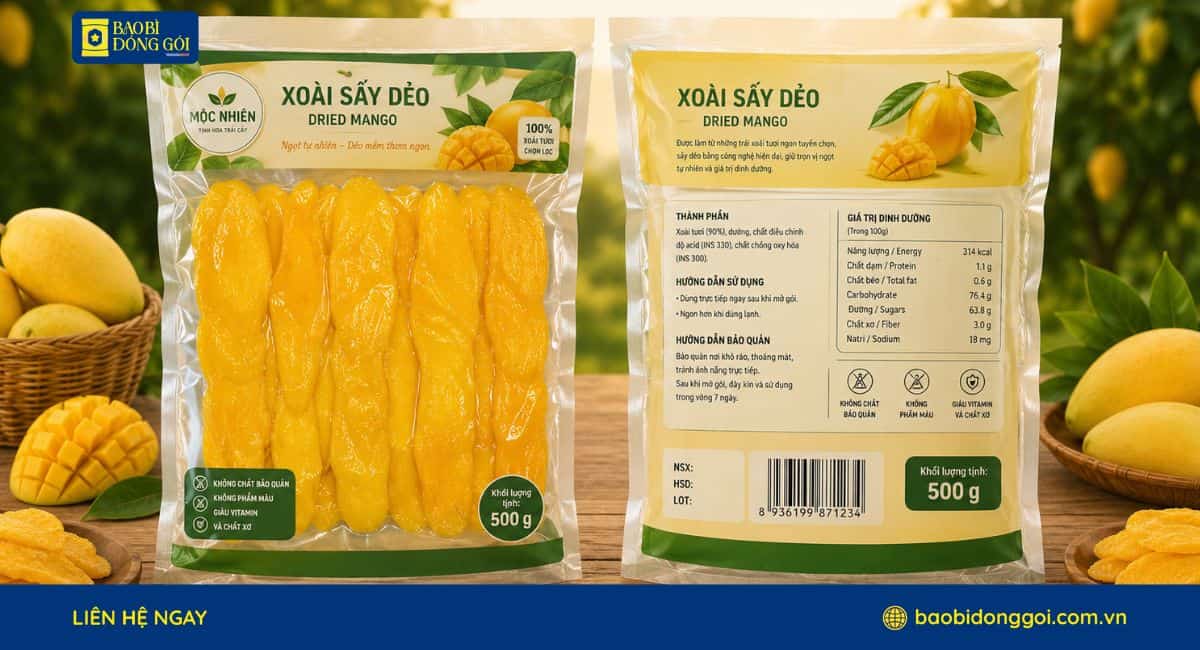 Mẫu bao bì xoài sấy dẻo màng PA/PE hút chân không