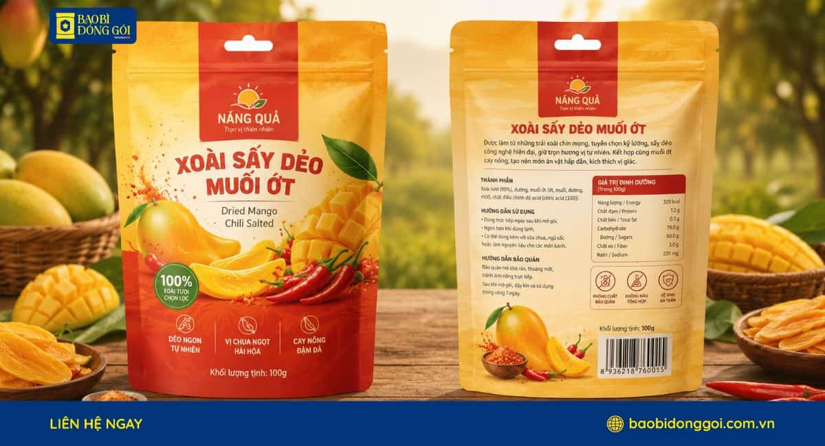 Mẫu bao bì xoài sấy dẻo muối ớt in đơn giản tăng nhận diện thương hiệu