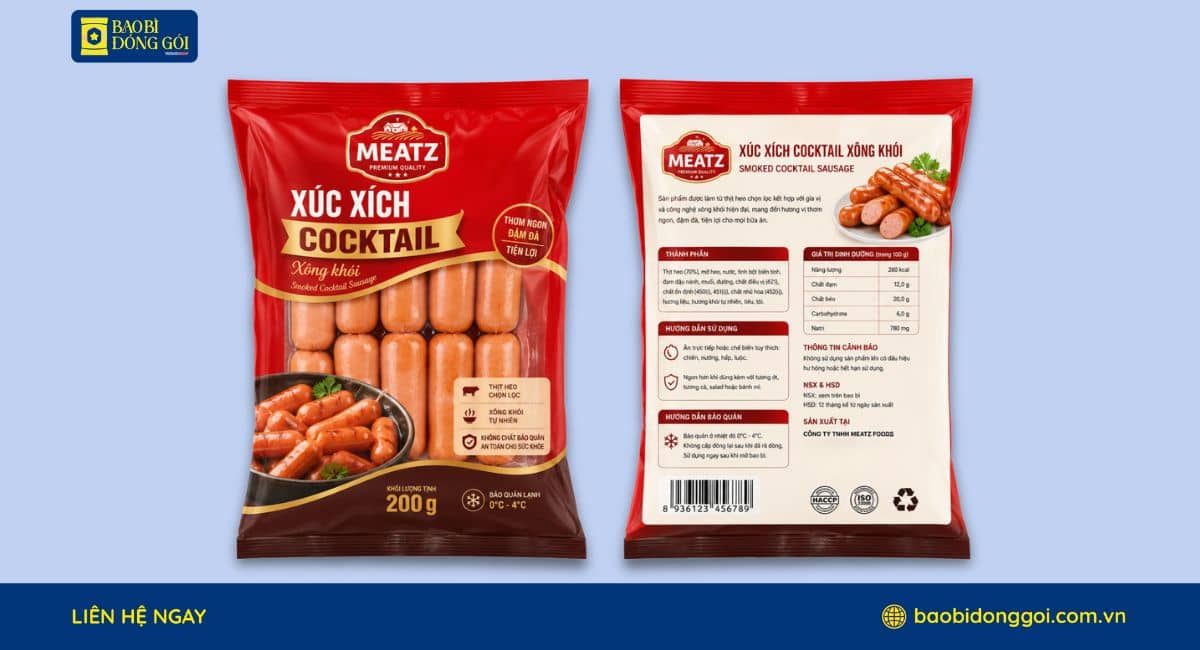 Mẫu bao bì xúc xích động lạnh 200g in trục đồng