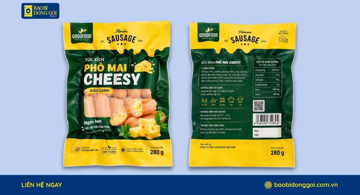 Mẫu bao bì xúc xích đông lạnh 2 mặt trước sau in rõ thông tin thương hiệu