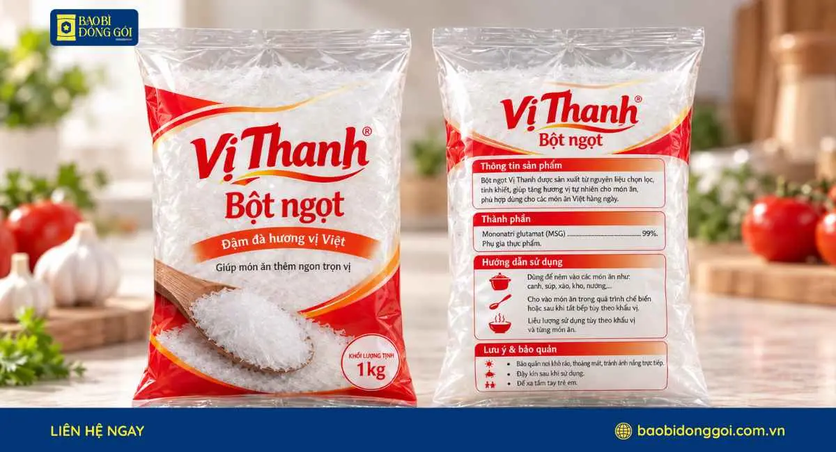 Mẫu túi 3 biên đựng bột ngọt in 2 mặt trước sau rõ nét