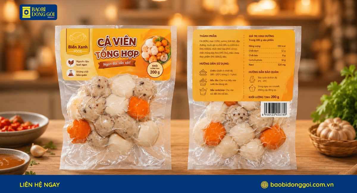 Túi hút chân không PA đựng cá viên chiên in đơn giản thấy được sản phẩm bên trong