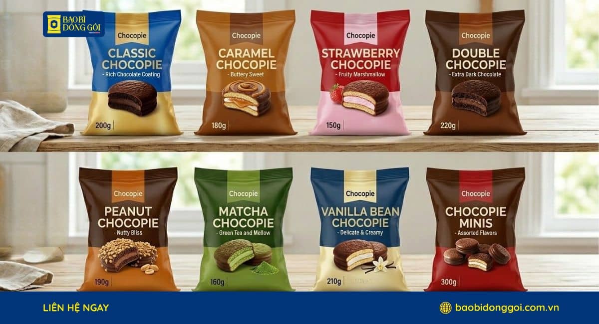 Bao bì Chocopie in logo thương hiệu nổi bật