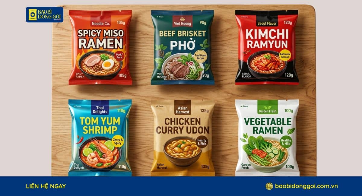 Bao bì mì gói in nhiều màu sắc nét