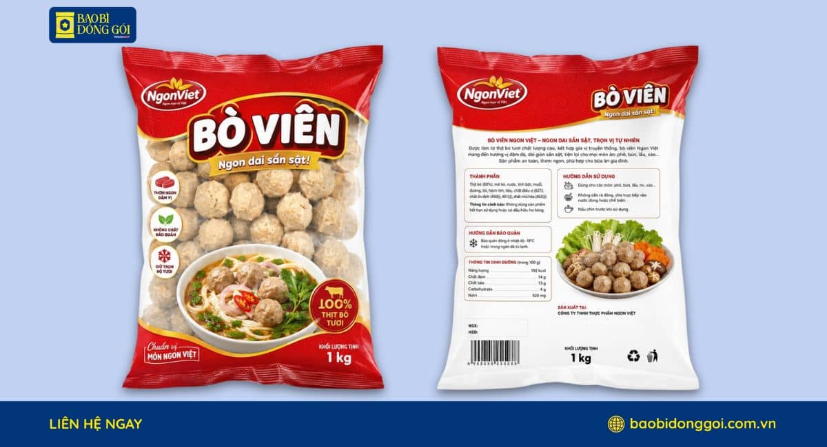 Mẫu bao bì bò viên 1 ký 2 mặt trước sau