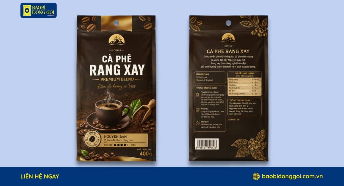 Mẫu bao bì cà phê in 2 mặt trước sau theo yêu cầu khách hàng
