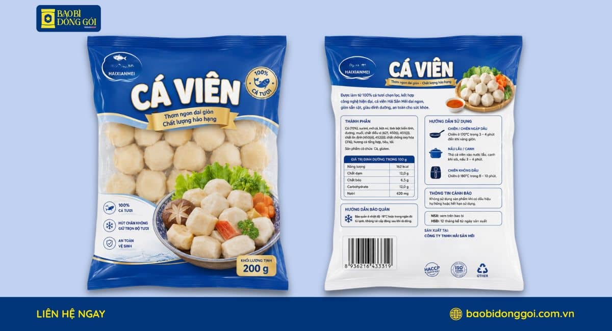 Mẫu bao bì cá viên in logo thương hiệu 2 mặt trước sau