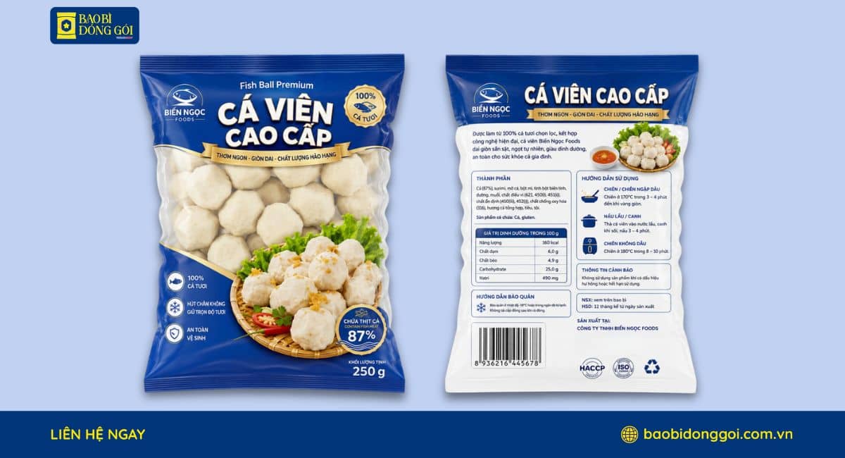 Mẫu bao bì cá viên túi 250g in trục đồng