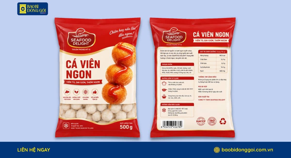 Mẫu bao bì cá viên 500g in trục đồng 10 màu