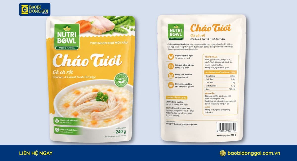 Bao bì cháo tươi chịu nhiệt giúp bảo quản sản phẩm an toàn và tiện lợi.