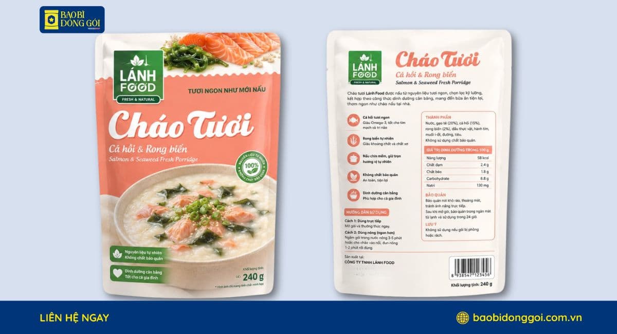 Mẫu bao bì màng ghép đựng cháo tươi 2 mặt