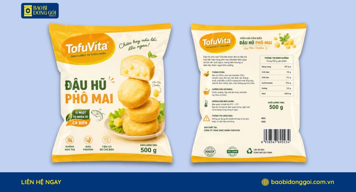 Mẫu bao bì đậu hũ phô mai 500g túi hàn lưng giữa