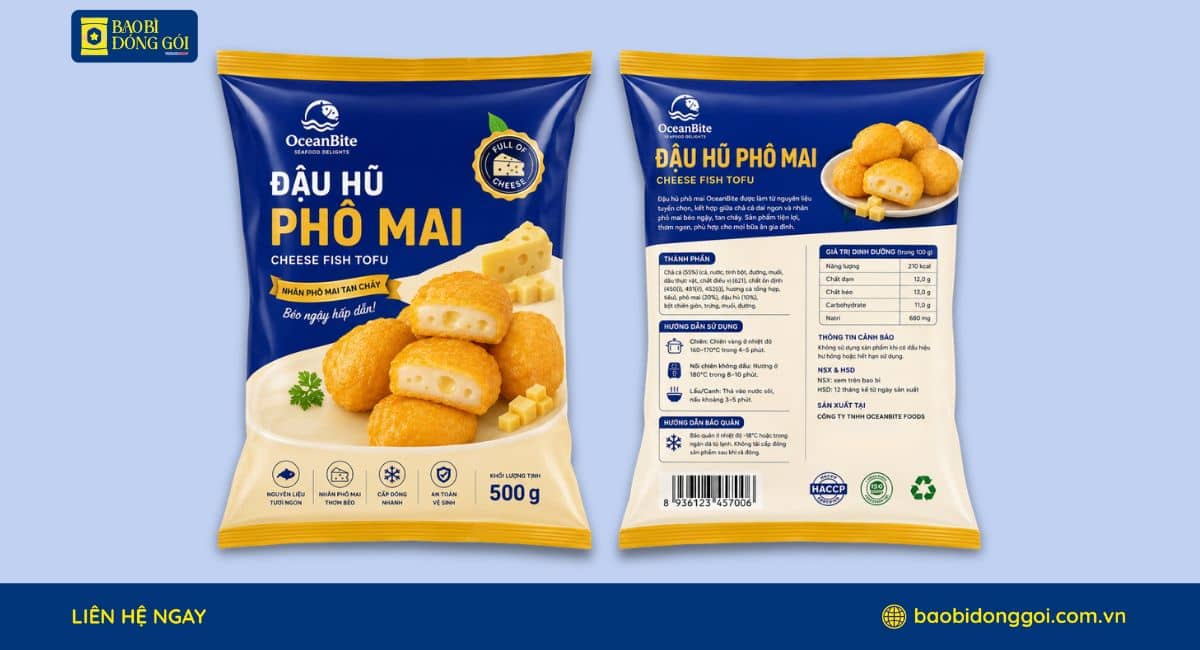 Mẫu bao bì đậu hũ phô mai đẹp 2 mặt trước sau