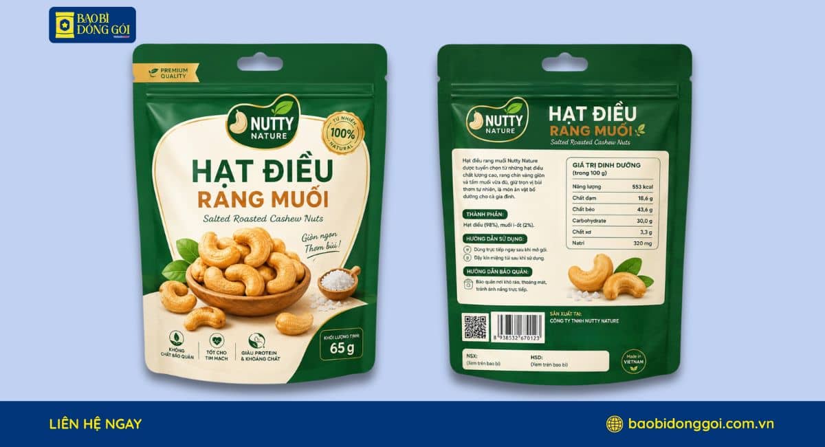 Mẫu bao bì hạt điều túi zipper in rõ nét 2 mặt trước sau
