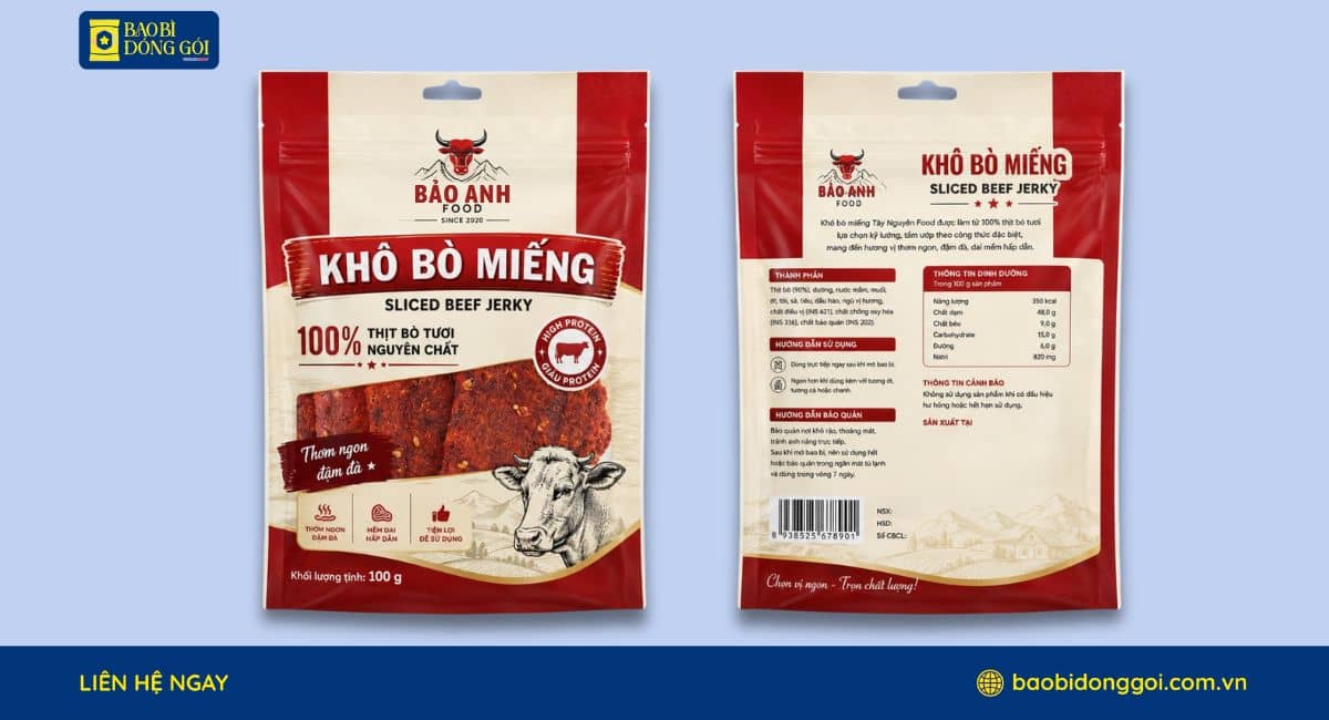 Mẫu bao bì khô bò 100g in trục đồng sắc nét