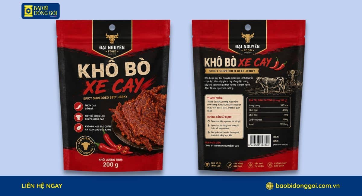 Mẫu bao bì khô bò 200g 2 mặt trước sau