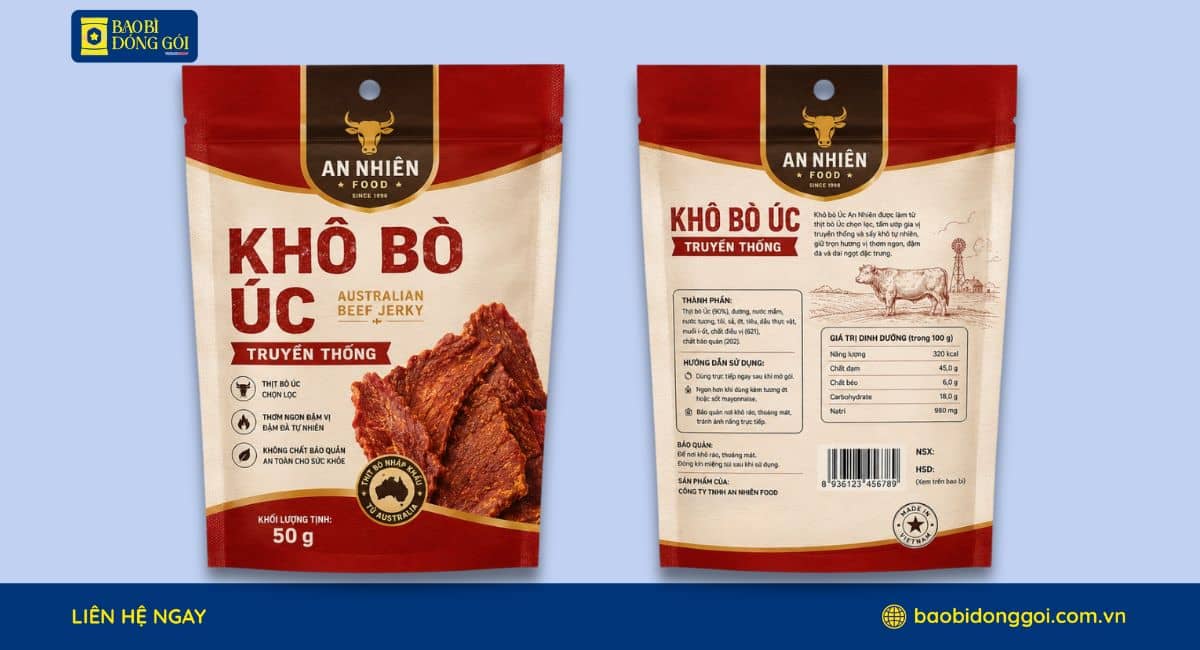 Mẫu bao bì khô bò 50g in 2 mặt trước sau