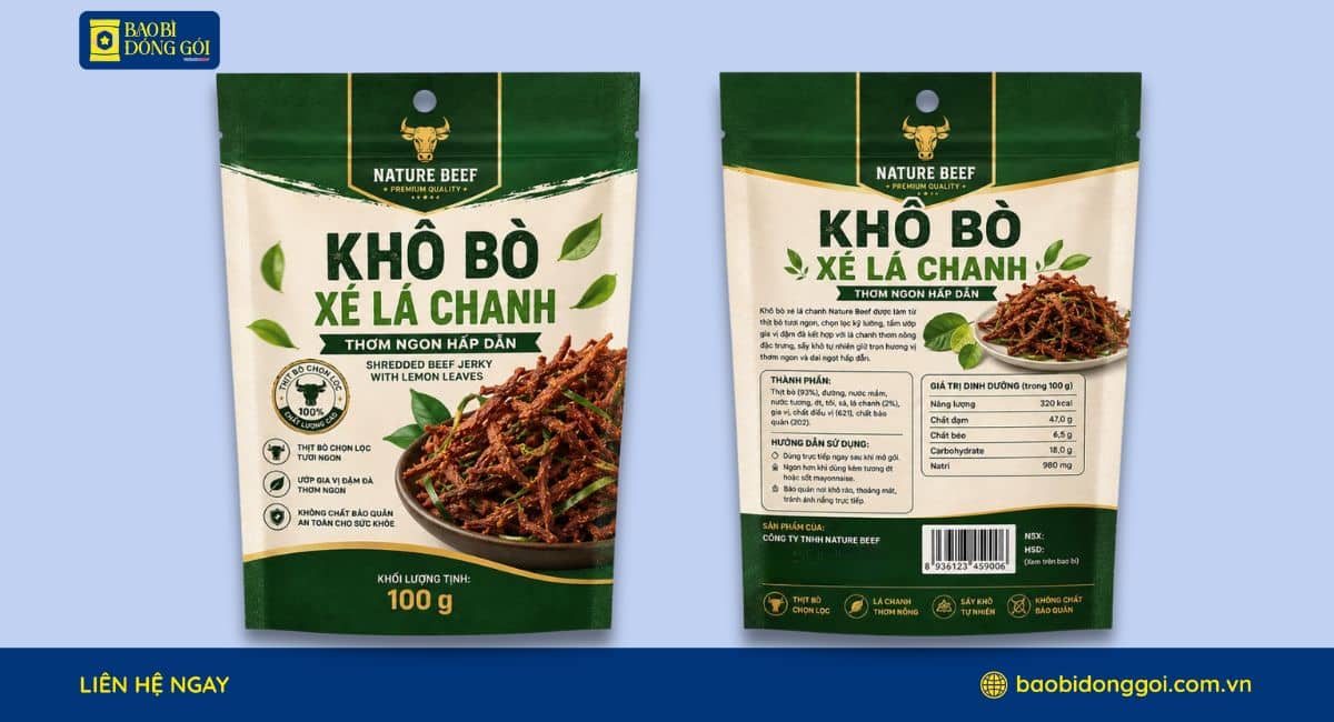Mẫu bao bì khô bò lá chanh túi zipper in trục đồng