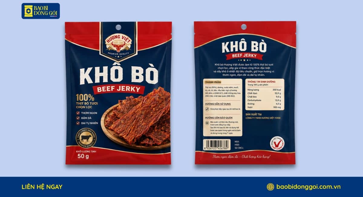 Mẫu bao bì khô bò dạng gói nhỏ in theo yêu cầu