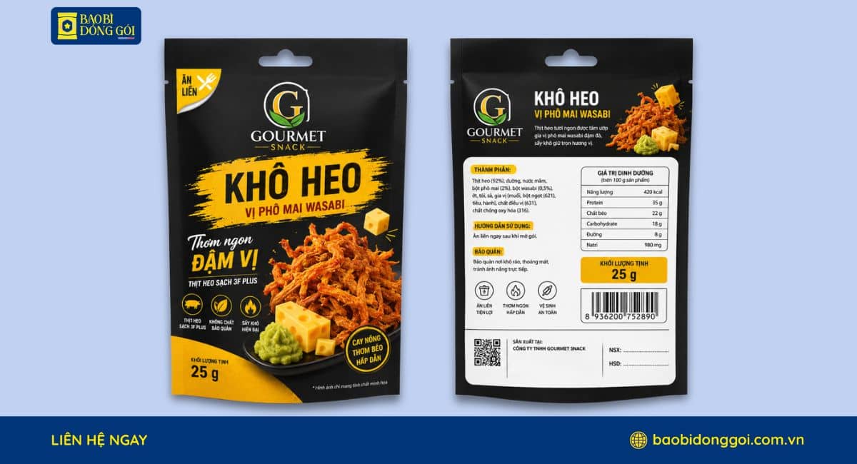 Mẫu bao bì khô heo in trục đồng 2 mặt trước sau sắc nét đầy đủ thông tin