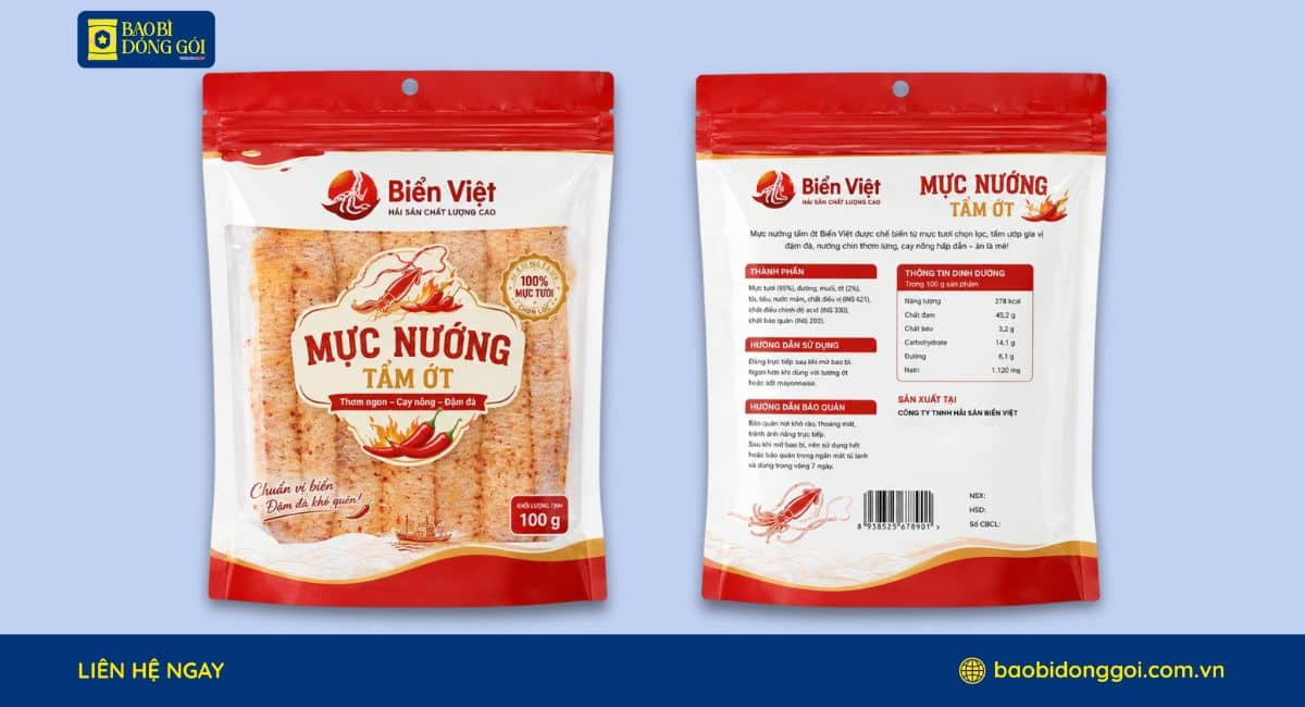 Mẫu bao bì khô mực 100g in trục đồng săc nét 100g
