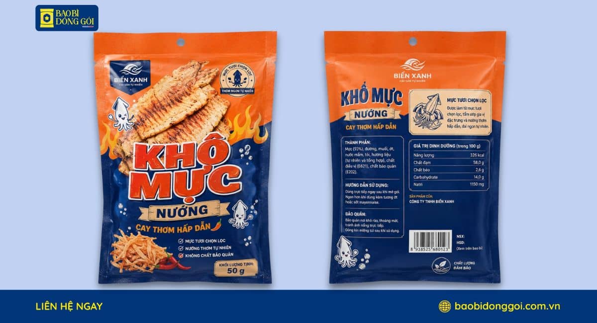 Mẫu bao bì khô mực 50g in trục đồng 2 mặt trước sau