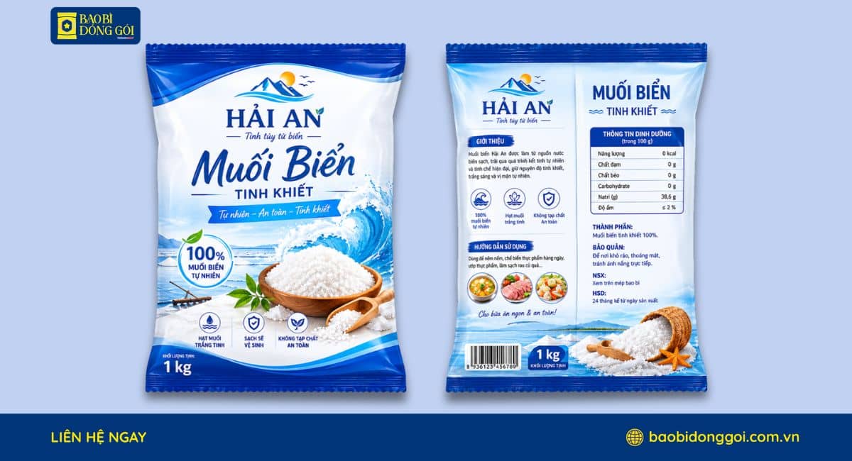 Mẫu bao bì đựng muối in đơn giản 2 mặt trước sau đầy đủ thông tin khi kinh doanh