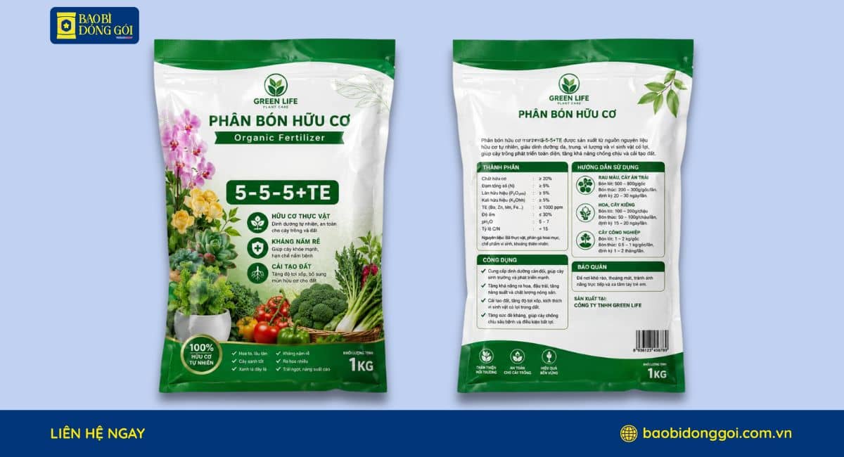 Mẫu bao bì phân bón dạng túi hàn lưng giữa in 2 mặt trước sau