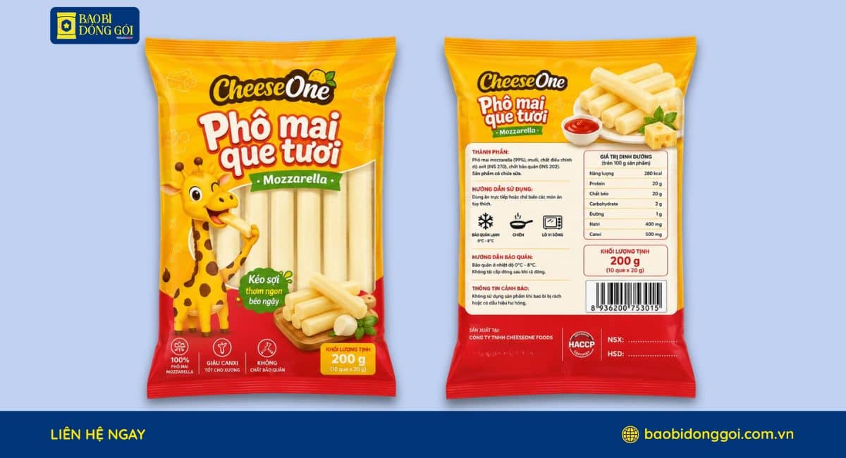 Mẫu bao bì phô mai que 200g in 2 mặt trước sau