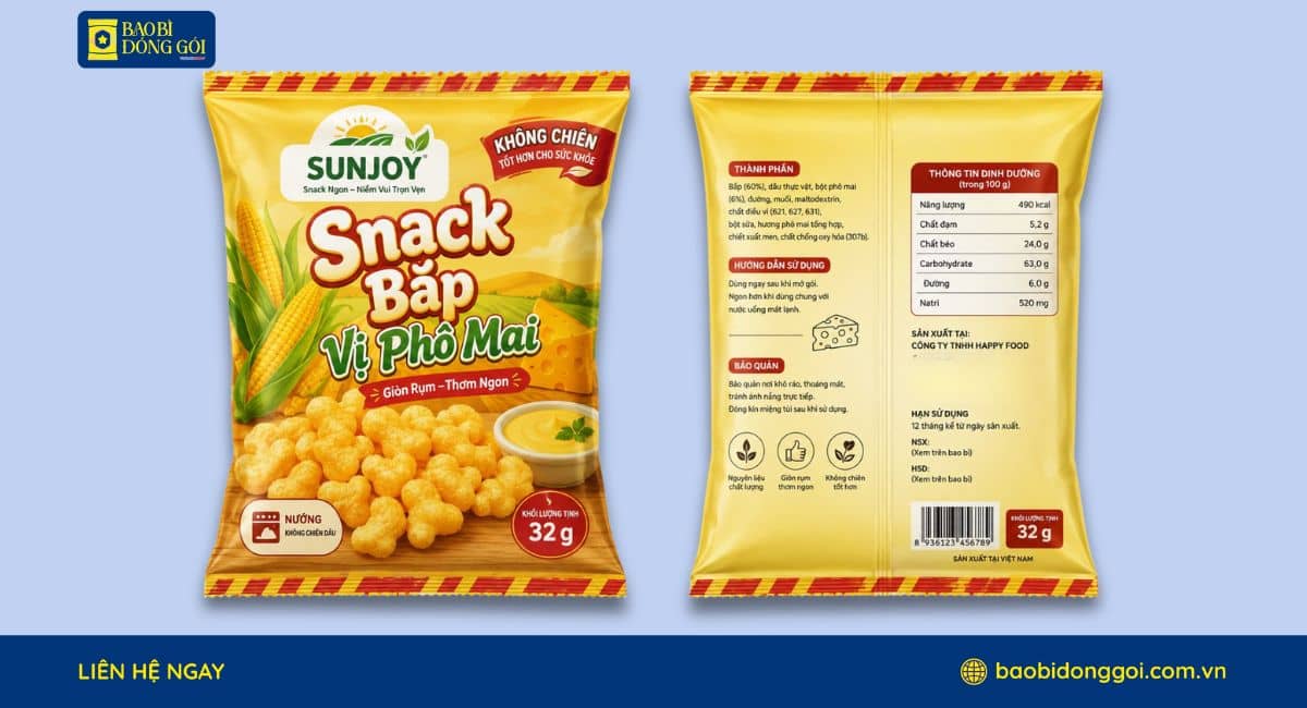 Mẫu bao bì bánh kẹo loại snack túi hàn lưng giữa thông dụng