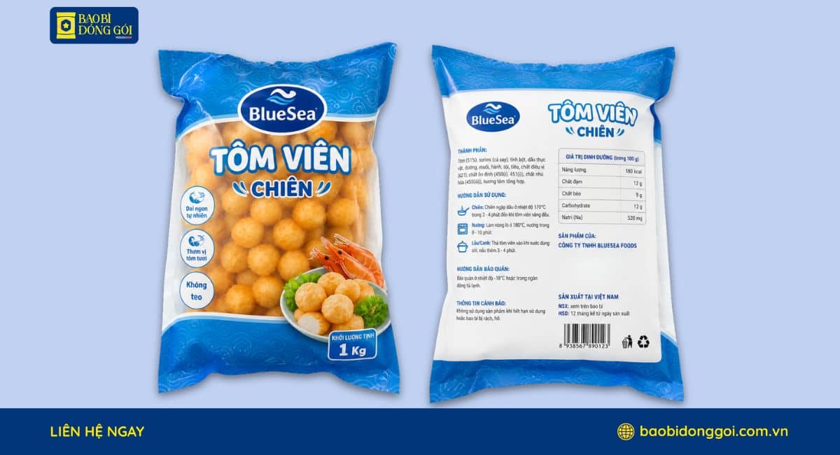 Mẫu bao bì tôm viên chiên 1kg in 2 mặt trước sau