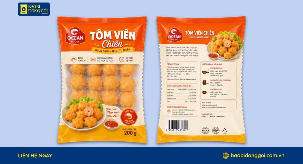 Mẫu bao bì tôm viên chiên 200g in trục đồng 2 mặt