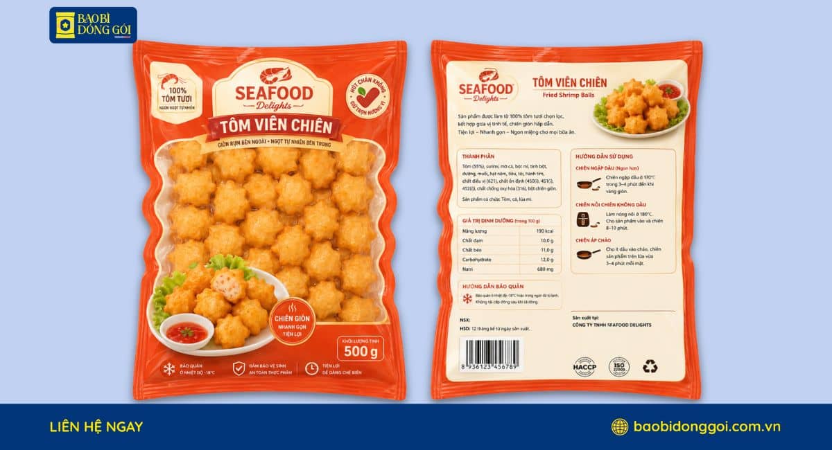 Mẫu bao bì màng ghép tôm viên chiên 500g in trục đồng
