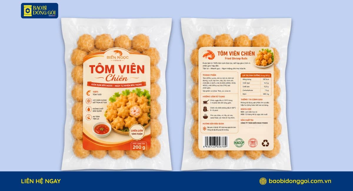 Mẫu bao bì tôm viên chiên hút chân không in ấn đơn giản