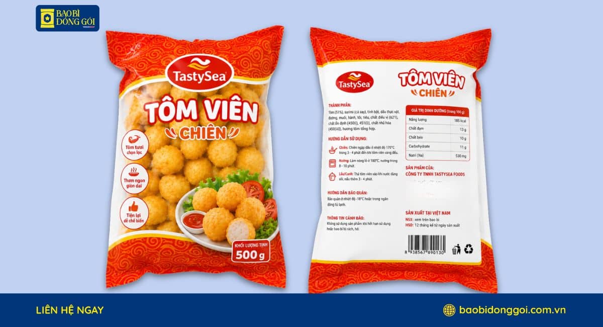 Mẫu bao bì tôm viên chiên in trục đồng sắc nét