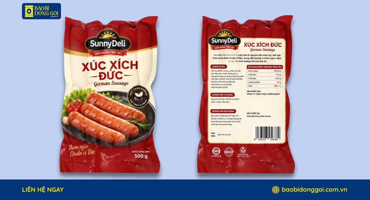 Mẫu bao bì túi hút chân không đựng xúc xích in đồng bộ màu mặt trước với mặt sau
