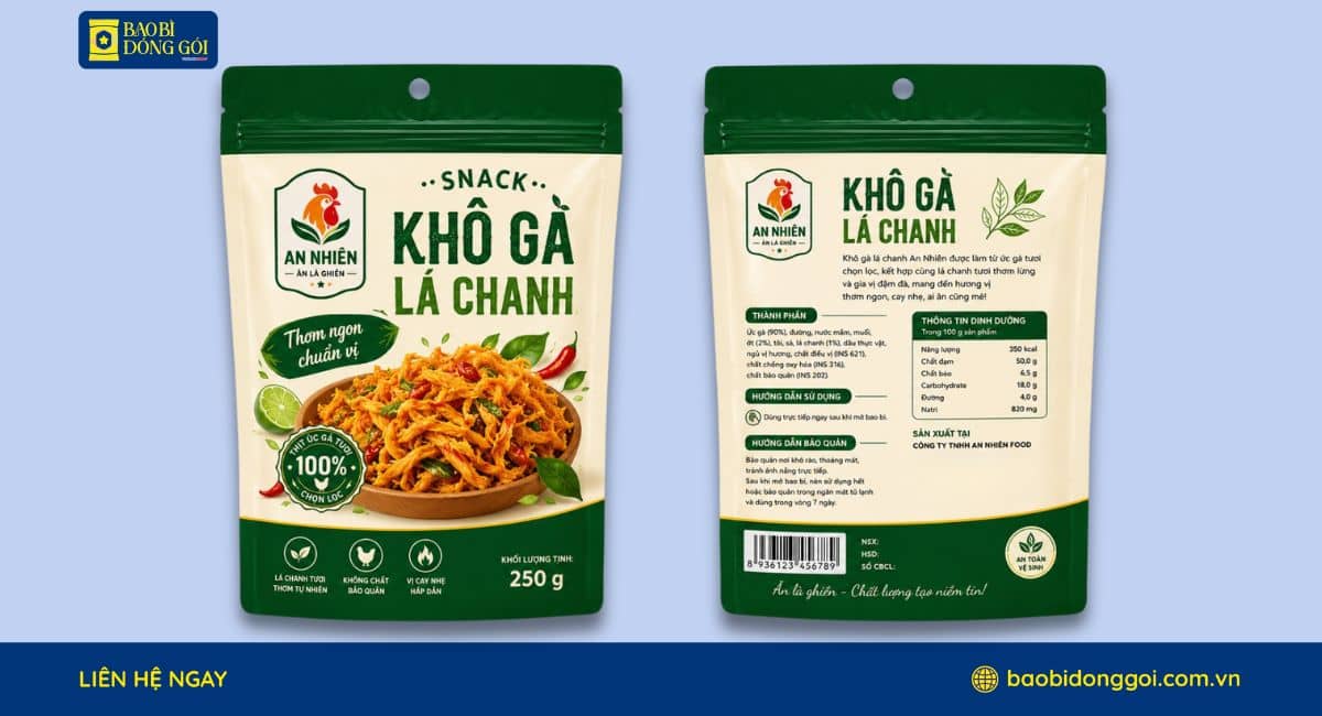 Mẫu bao bì đựng khô gà 250g có zipper khóa kéo tiện lợi